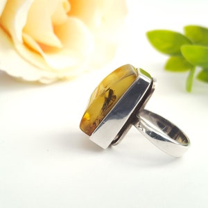 Large Baltic Amber Ring, Royal Amber Ring, Geometric Stone Ring, Milky Amber Ring, Green Amber Ring, Rectangle Ring, Silver and Amber Ring image 5