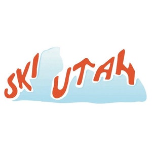 Peut inclure: Un design graphique rouge et blanc avec le texte "SKI UTAH" sur un fond bleu.