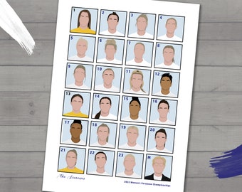 May include: A grid of 23 portraits of women's soccer players, numbered 1 through 23, with a 24th portrait of a man labeled "M". The text "The Lionesses" appears at the bottom left and "2022 Women's European Championships" appears at the bottom right.