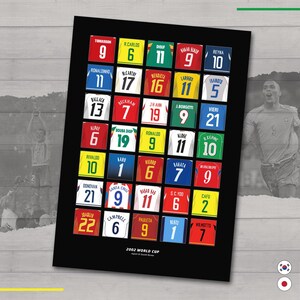 May include: A framed print displaying a grid of football shirts from the 2002 World Cup. Each shirt shows a player's name and number, set against a black backdrop. The print includes the text "2002 WORLD CUP" at the bottom.