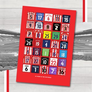 May include: A red print displaying a grid of football shirts, each with a player's name and number. The print celebrates 25 years in the Potteries. A stadium is visible in the background.