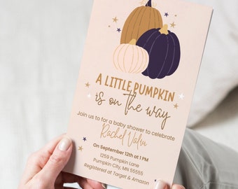 Invitación para baby shower "A Little Pumpkin Is On The Way" / Plantilla de Canva editable / Descarga instantánea / Baby Shower de otoño / Invitación con forma de calabaza