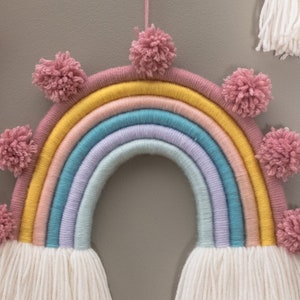 Large Pom Pom Pastel Rainbow Fiber Wall Hanging / Beautiful Rainbow Yarn Sculpture / Perfect for Nursery / BOHO / Modern