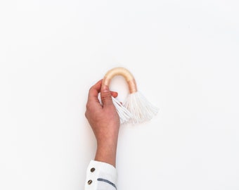 Mini rosa y crema arco iris fibra pared colgante / macramé hecho a mano