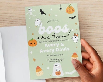 Nuestros pequeños abucheos son dos invitaciones de cumpleaños editables, cumpleaños de gemelos, cumpleaños de Halloween de otoño, género neutro, descarga digital de Canva, 5x7