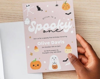 Spooky One First Birthday Invitación de cumpleaños editable, rosa pastel, con fantasmas, cualquier edad, descarga digital de Canva, 5x7