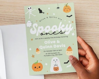 Invitación de cumpleaños editable para primer cumpleaños de gemelos espeluznantes, cumpleaños de gemelos, género neutro, Halloween de gemelos, descarga digital de Canva, 5 x 7