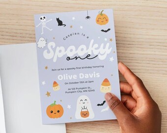Invitación de cumpleaños editable Spooky One First Birthday, azul, con fantasmas lindos, cualquier edad, descarga digital de Canva, 5x7