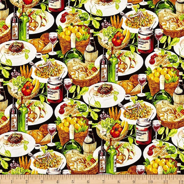 Market Medley Wine and Dine Dinner Buffet on Black by Paintbrush Studio 44 inches wide 100% Cotton Quilting Fabric PBS-120-16001