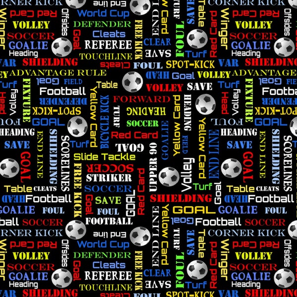 World Cup Soccer Words in Black by Kanvas Studio for Benartex 44 inches wide 100% Cotton Quilting Fabric BE-12614B-12