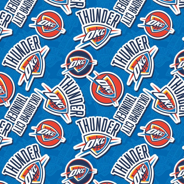 Oklahoma City Thunder NBA 2023 Sticker Toss in Blue by Camelot Fabrics 44 inches wide 100% Cotton Quilting Fabric NBA-83OKC203-02