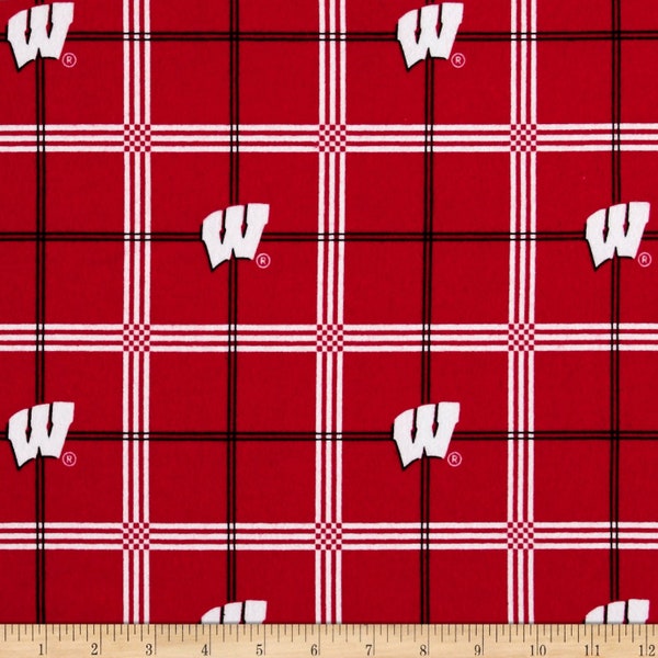 Wisconsin Badgers NCAA College Plaid Design FLANNEL 42 inches wide 100% Cotton Fabric WIS-023