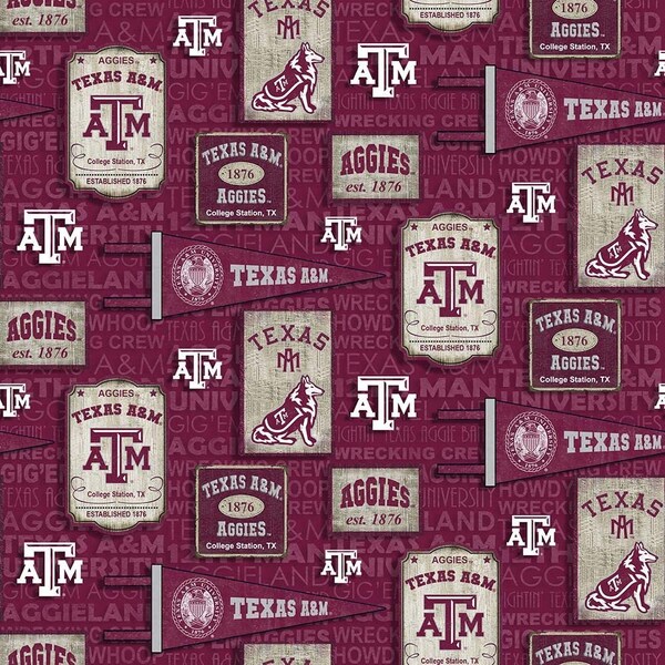 Texas A&M Aggies NCAA College Vintage Pennant Design 43 inches wide 100% Cotton Quilting Fabric TAM-1267