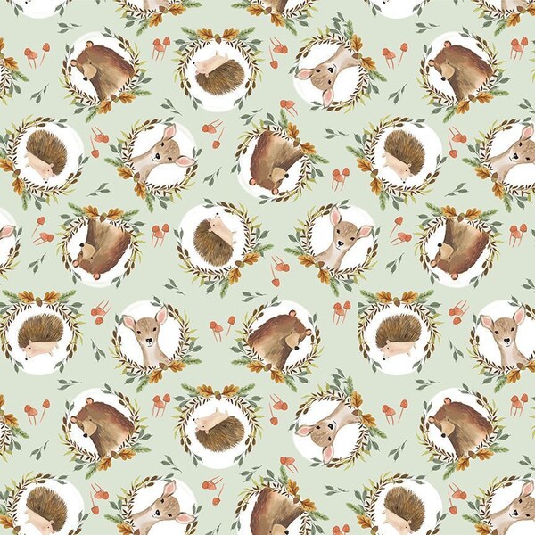 Into the Woods Forest Animal Heads in Wreaths in Sage Green by Timeless Treasures 44 inches wide 100% Cotton Fabric TT-NATURE-CD2259-SAGE