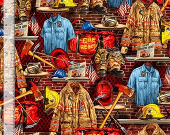 Fire Rescue Fire Fighter Equipment in Multi by Dona Gelsinger for Timeless Treasures 44 inches wide 100% Cotton Fabric TT-DONA-CD2998-MULTI