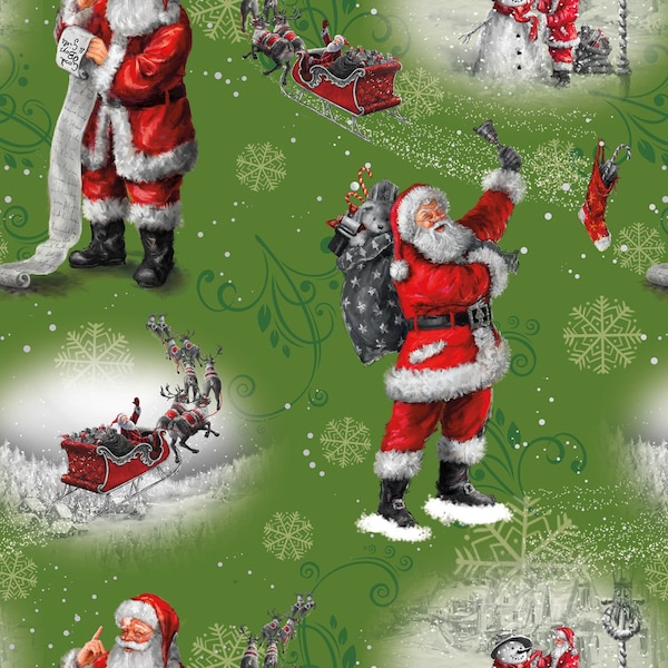 Picture a Christmas Santa in Green Digitally Printed by Riley Blake 43 inches wide 100% Cotton Quilting Fabric RB-PD12370R-GREEN