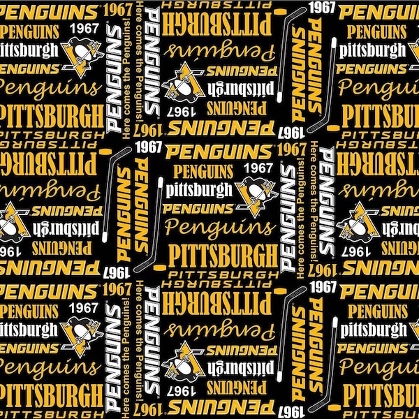 Pittsburgh Penguins NHL Hockey Words Allover Design 45 pulgadas de ancho 100% Algodón Quilting Fabric NHL-1138 PEN