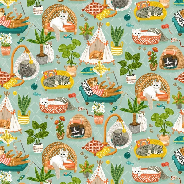 Purrfect Life Napping Cats in Multi by Olivia Gibbs for Timeless Treasures 44 inches wide 100% Cotton Quilting Fabric TT-OLIVIA-CD2155-MULTI