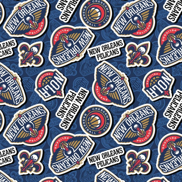 New Orleans Pelicans NBA 2023 Sticker Toss in Navy by Camelot Fabrics 44 inches wide 100% Cotton Quilting Fabric NBA-83NOP203-02