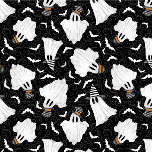 Olde Salem Black Hat Society Glow Ghosts in Black by Shelly Comiskey for Henry Glass 44 inches wide 100% Cotton Quilting Cotton HG 317G-99