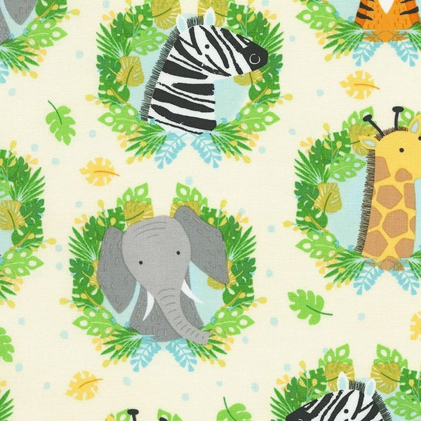 Kidz Wild Animals Elephant Giraffe Zebra Lion in Circles on Cream by Timeless Treasures 45 inches wide 100% Cotton Fabric C6415