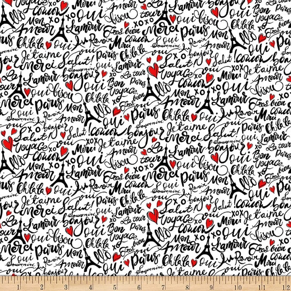 Bonjour Parisian Words in White by Timeless Treasures 44 inches wide Cotton Quilting Fabric TT-C8691 White