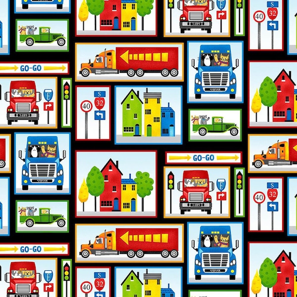 Go-Go Patchwork Town Trucks Animals in Black by Kate Mawdsley for Henry Glass 44 inches wide 100% Cotton Quilting Fabric HG-1136-99