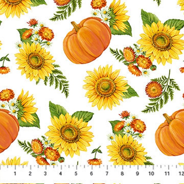 Sunshine Harvest Open Sunflowers Pumpkins in White Multi by Northcott Fabrics 44 inches wide 100% Cotton Quilting Fabric NC-25457-10