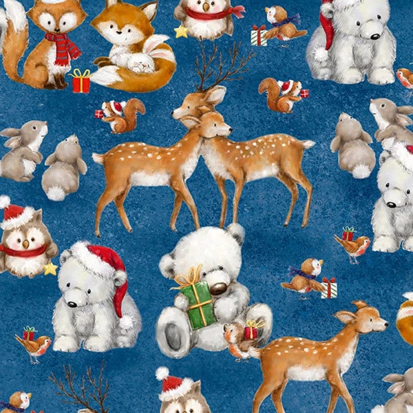 Woodland Gifts Critter Couples in Blue by Makiko for Wilmington Prints 44 inches 100% Cotton Quilting Fabric WP-3043-45166-421