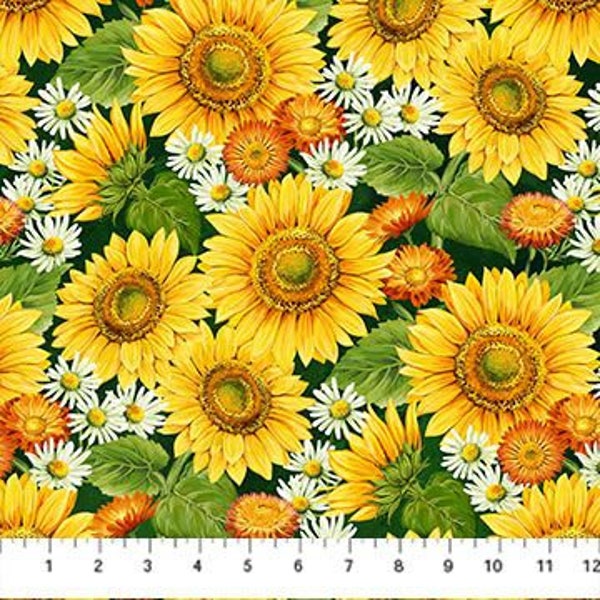 Sunshine Harvest Packed Sunflower in Dark Green Multi by Northcott Fabrics 44 inches wide 100% Cotton Quilting Fabric NC-25456-78