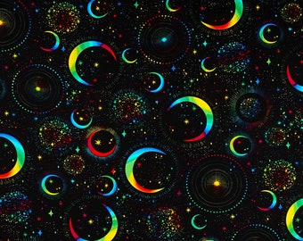 Moon & Stars Rainbow on Black Science Space by Timeless Treasures 44 inches wide 100% Cotton Quilting Fabric TT-C7431-Black