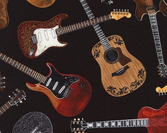 Western Tossed Acoustic Country West Guitars Fun on Black by Timeless Treasures 44 inches wide 100% Cotton Fabric TT-WEST-C1611 BLACK