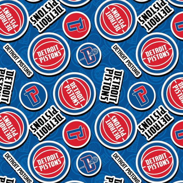 Detroit Pistons NBA 2023 Sticker Toss in Blue by Camelot Fabrics 44 inches wide 100% Cotton Quilting Fabric NBA-83DET203-01