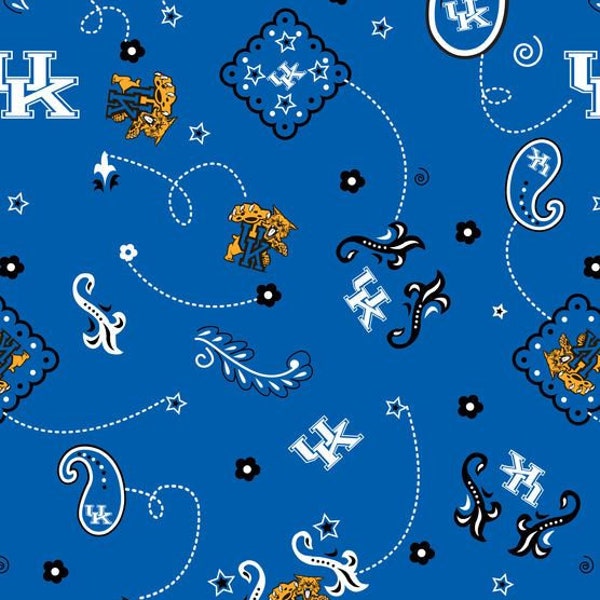 Kentucky Wildcats NCAA College UK Paisley Bandana Design 43 inches wide 100% Cotton Quilting Fabric KY-027