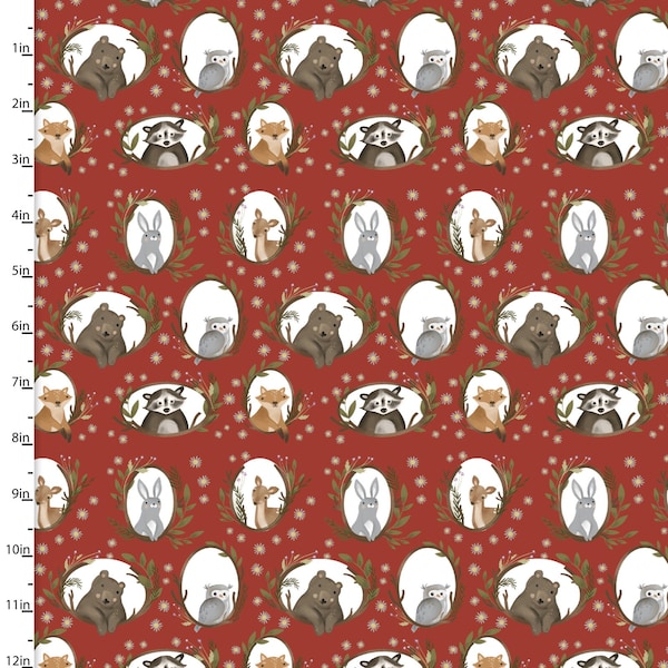 Cozy Forest Framed Friends in Brick Red by Elaine Kay for 3 Wishes Fabrics 44 inches wide 100% Cotton Quilting Fabric 3W-20834-BRK