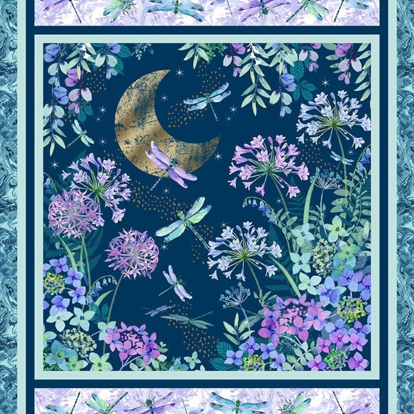 Gypsy Flutter Moon & Dragonfly Panel 24" in Dark Blue by Elsie Ess for Blank Quilting 44 inches wide 100% Cotton Quilting Fabric BQ-3058P-77