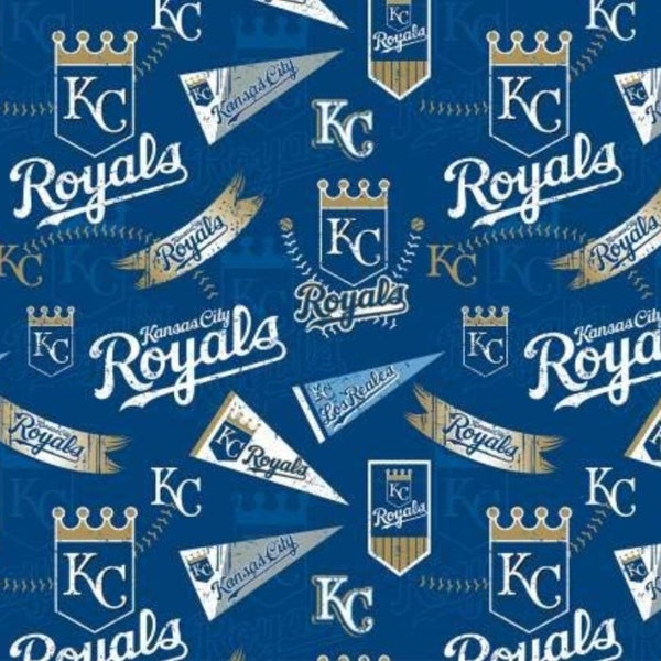 Kansas City Royals MLB Baseball Retro Design in Blue by Fabric Traditions 58-60 inch wide 100% Cotton Fabric MLB-14417B