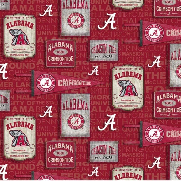 Alabama Crimson Tide NCAA Bama Roll Tide Vintage Pennant Allover Design 43 inches wide 100% Cotton Quilting Fabric AL-1267