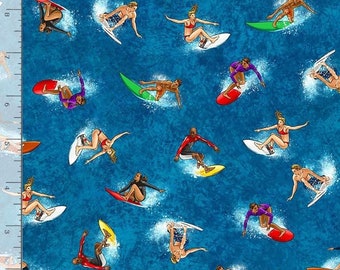 Summer Sports People Surfing in Water Blue by Timeless Treasures 44 inches wide 100% Cotton Quilting Fabric TT-C1170 Blue