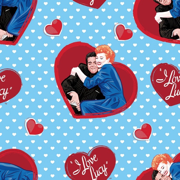 I love Lucy Ricky and Lucy Heart Toss in Blue by Springs Creative 43 inches wide 100% Cotton Fabric SC-76351