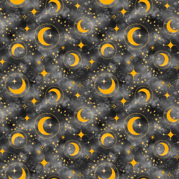 Celestial Galaxy Tossed Crescent Moons and Stars in Charcoal Black by Color Pop Studio Blank Quilting 44 in 100% Cotton Fabric BQ-3283-95