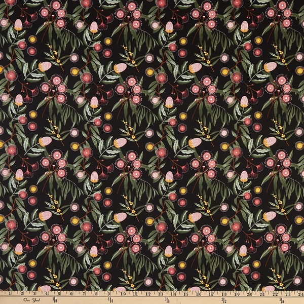 Aussie Friends Eucalyptus and Flowers on Black by Victoria Barnes for Blank Quilting 100% Cotton Fabric BQ 2098-99