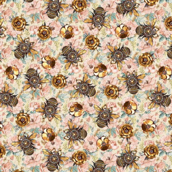 Time Travel Bees on Flowers in Pink by Urban Essence Designs for Blank Quilting 44 inches wide 100% Cotton Quilting Fabric BQ-3009-22