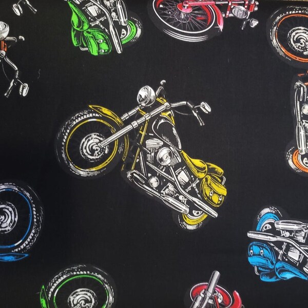 Coast to Coast Biker Motorcycle allover design digital print in Black by David Textiles 44 inches wide 100% Cotton Fabric DT-AL-3986-9C-1