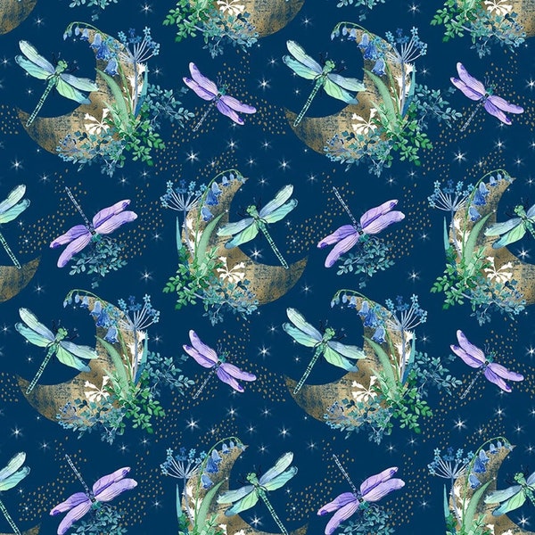 Gypsy Flutter Crescent Moons Dragonflies Flowers in Dark Blue by Elsie Ess for Blank Quilting 44 inches wide 100% Cotton Fabric BQ-3047-77