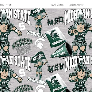 Michigan State University Spartans NCAA College Mascot Allover on Gray Design 43 inches wide 100% Cotton Quilting Fabric MIST-1164