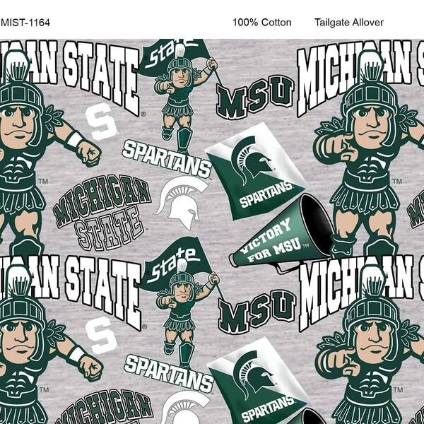 Michigan State University Spartans NCAA College Mascot Allover on Gray Design 43 inches wide 100% Cotton Quilting Fabric MIST-1164