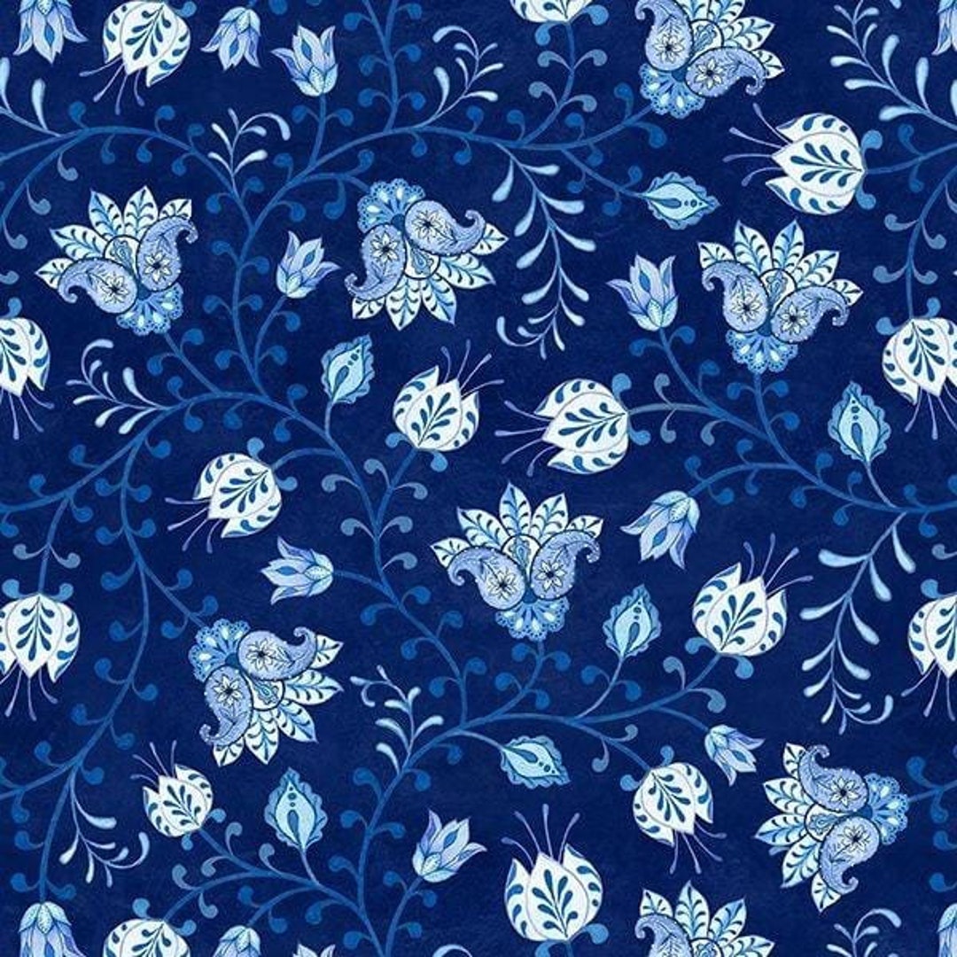 Blooming Blue Tulip Vines in Navy Blue by Danielle Leone for Wilmington Prints 44 Inches Wide