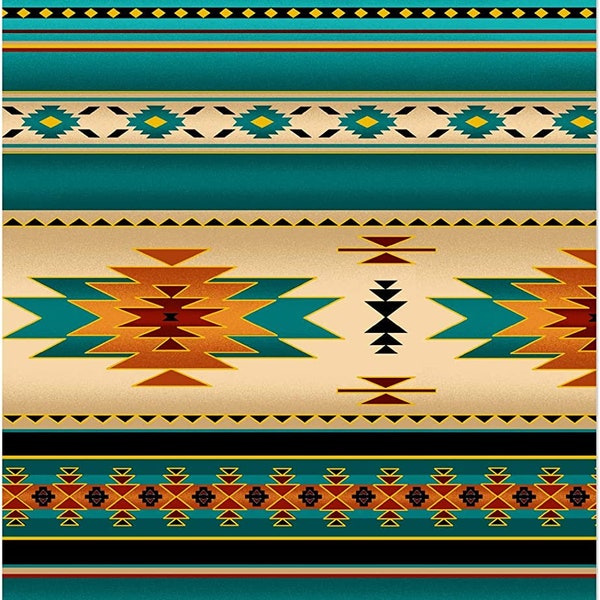 Tucson Aztec Metallic Southwestern Native American Stripe in Turquoise by Elizabeth's Studio 44 in 100% Cotton Quilting Fabric ES-M201-Turq