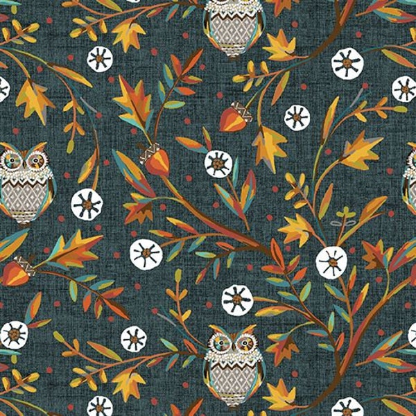 Hello Fall Woodland Vine Owls in Lt.Teal by Jessica Flick for Benartex 44 inches wide 100% Cotton Quilting Fabric BE-13009-84